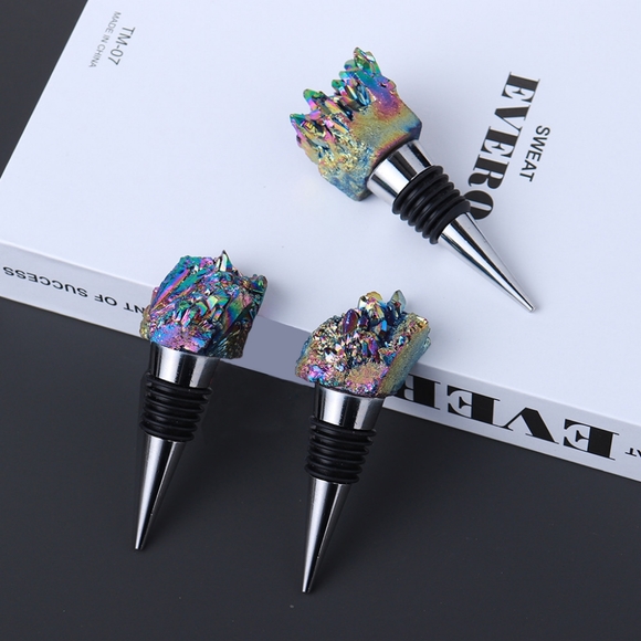 Boho Rainbow Aura Oil Slick Titanium Amethyst Quartz Crystal Wine Bottle Stopper - Picture 8 of 16